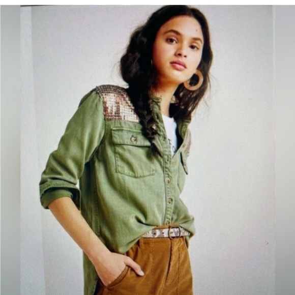 Anthropologie Green Utility Shirt  with Embellished bronze sequin shoulders sz 8 - Picture 1 of 12